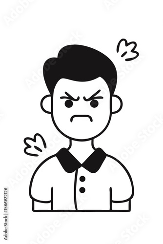 Line drawing of angry young man with frowning face