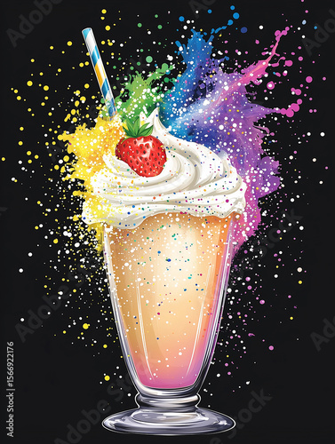 Ein hohes Glas Eiskaffee mit viel Sahne und einer Erdbeere, Regenbogenspritzer dahinter, schwarzer Hintergrund, Hochformat