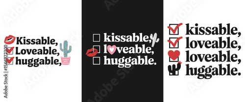 Kissable, Loveable, Huggable Typography Design with Icons – Romantic, Playful Checklist Graphic for Valentine’s, Apparel, Cards, and Social Media