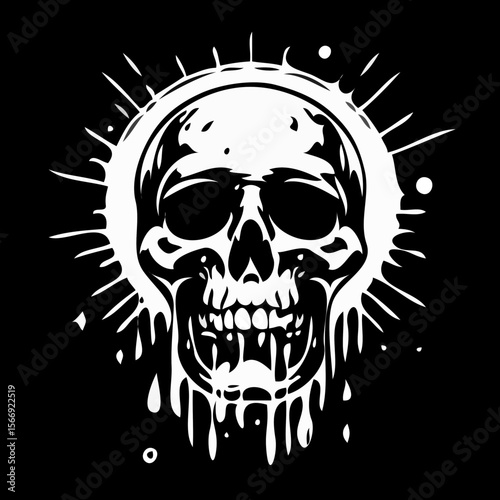  Melting skull illustration in black and white with radiant glow


