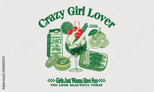 Crazy girl lover. Mix food artwork. Summer print. Sweet cherry artwork. Cherry juice print. Cherry love. Organic food artwork for for t-shirt.	