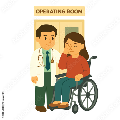 Crying woman in wheelchair with comforting doctor in front of operating room. Flat vector illustration. Medical support, surgery preparation and emotional care for disabled people concept