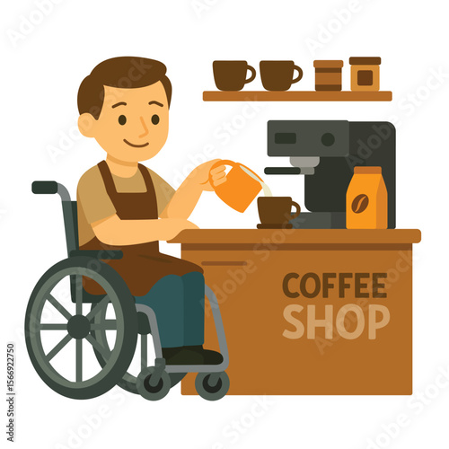 Man in wheelchair making coffee using espresso machine behind coffee shop counter. Flat vector illustration. Inclusive workplace and coffee brewing process concept. Design for poster, banner