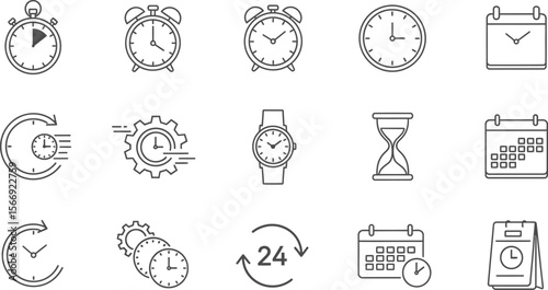 Time management icons vector set deadline alarm clock and calendar concept