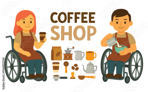 Man and woman in wheelchairs working as baristas with coffee equipment and utensils on white background. Flat vector illustration. Inclusive workplace and coffee shop service concept