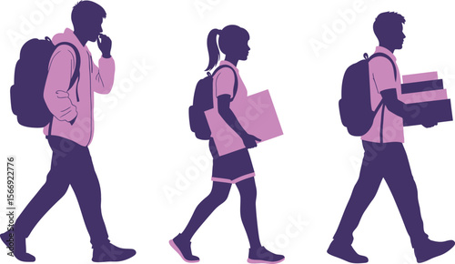 Students walking to school with backpacks and books silhouette vector art