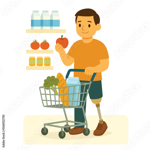 Man with prosthetic leg shopping for groceries in supermarket holding apple near shelves with food. Flat vector illustration. Daily life and independence of disabled people concept