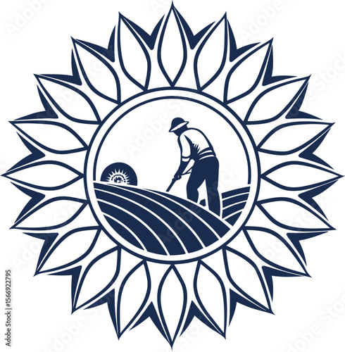 Agricultural Worker Tending Fields within a Sunflower Design