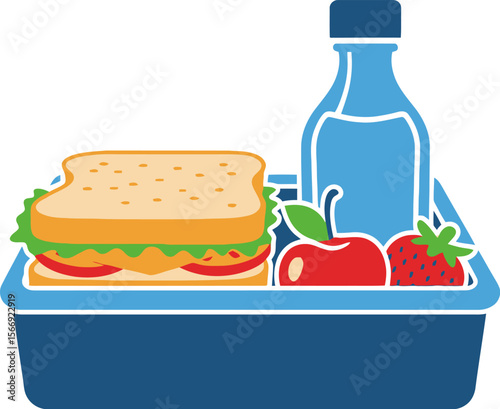 School lunch box vector illustration with sandwich apple and water bottle