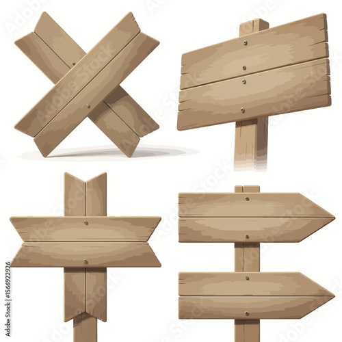Collection of four rustic wooden signposts with different shapes and directions