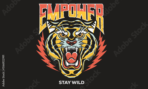 Be strong artwork. Tiger face print design for apparel, stickers, posters and background. Empower design.