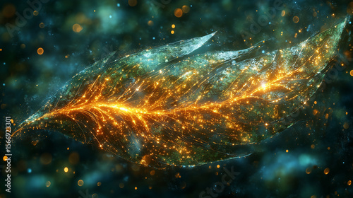 Digitale Darstellung eines stilisierten Blattes mit feurigen Adern vor dunklem Hintergrund, Querformat