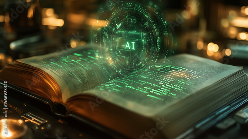 Die Seiten eines offenen Buches leuchten Grün, wie die Linien eines Computercodes, den die Künstliche Intelligenz eingibt, neue Technologien, Querformat