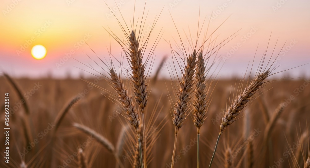 Fototapeta premium The sun sets over a golden wheat field in the countryside