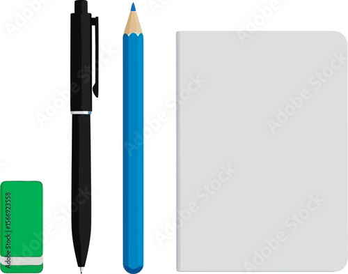 Stock photo of stationery items: pen, pencil, eraser, and blank white notebook