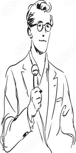 Black-and-white only continuous line art of a news reporter with a microphone, abstract and minimalist