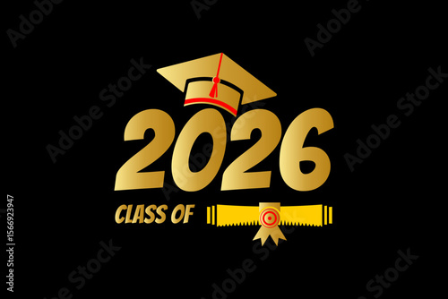 2026 graduate class logo golden color on background. Futuristic graduation class of 2026 banner concept with glowing low polygonal golden graduation cap.