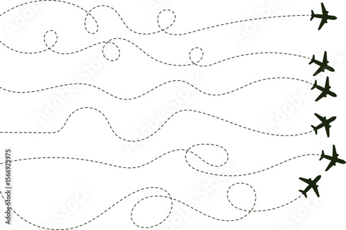 Airplane with dotted line route. flying plane with twisted, curved and straight dashed trace path. transparent png and vector illustration