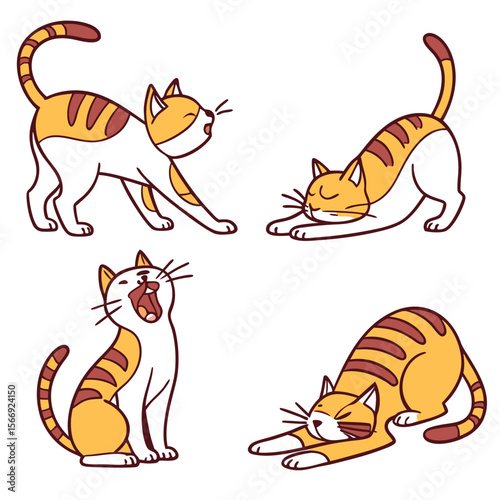 Cartoon Cats Stretching and Yawning Cute Feline Character Set in Various Poses