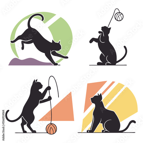 Four black cat silhouettes with different poses and colorful backgrounds