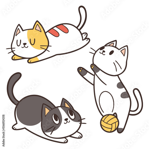 Cute Cartoon Cats Playing and Relaxing Vector Illustration on White Background