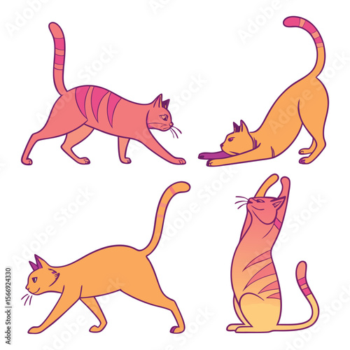 Four stylized cats stretching in different poses on a white background