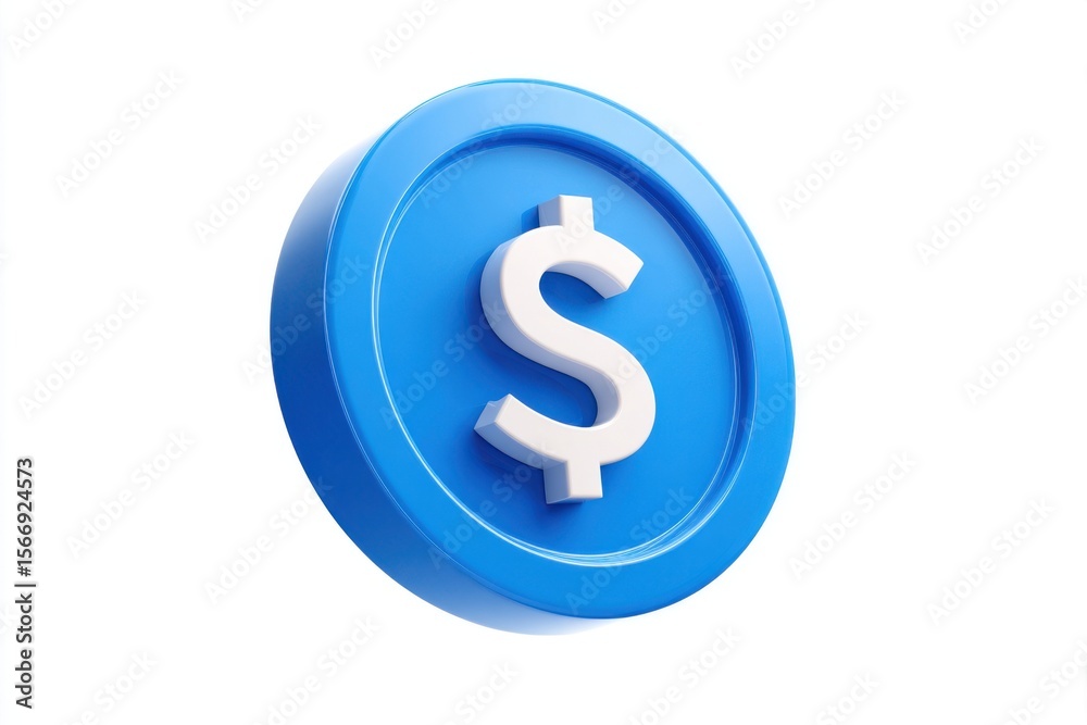 A striking 3d illustration of a bright blue coin featuring a prominent white dollar sign A striking 3d illustration of a bright blue coin featuring a prominent white dollar sign