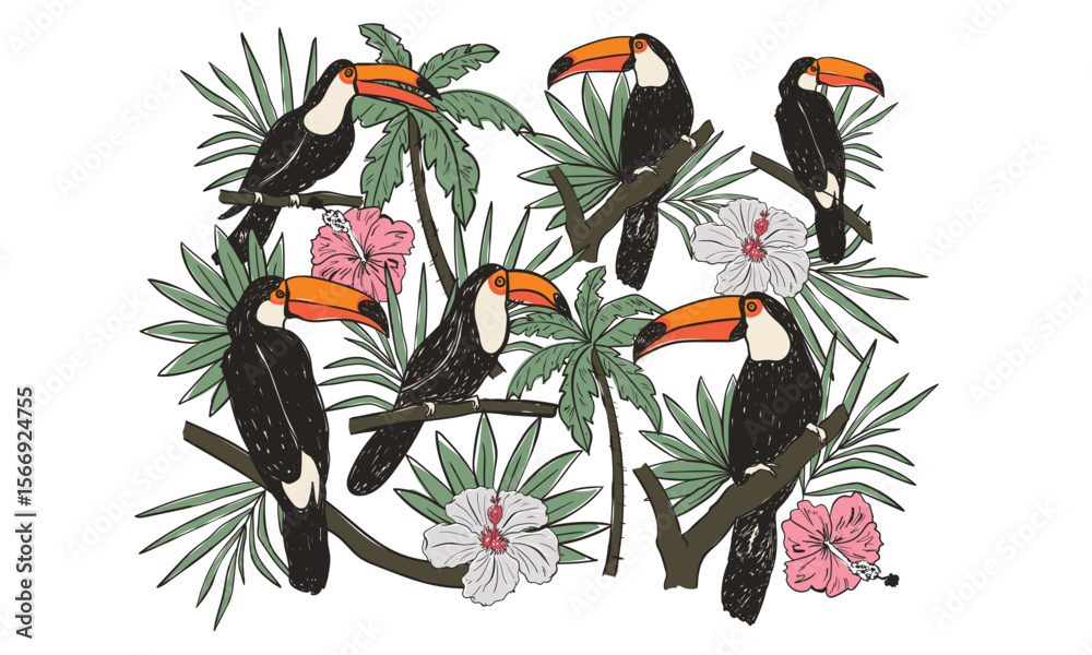 Fototapeta premium Enjoy summer day. Toucan paradise artwork. Tropical bird with palm tree graphic print design. Enjoy beach life. Summer vibes artwork.