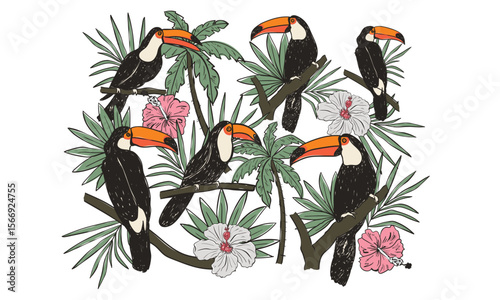 Enjoy summer day. Toucan paradise artwork. Tropical bird with palm tree graphic print design. Enjoy beach life. Summer vibes artwork.