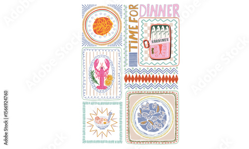 Restaurant food artwork. Food stall t shirt artwork. Eat more fruit. Dinner club print design. Pasta, sardines, oyster, lobster and ramen poster design.