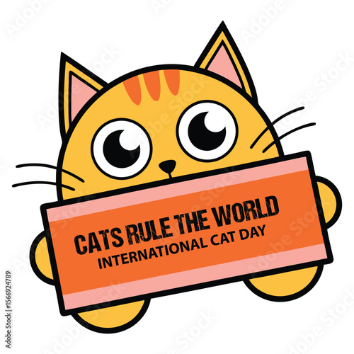 Cute Cartoon Cat Holding a Sign for International Cat Day Celebration