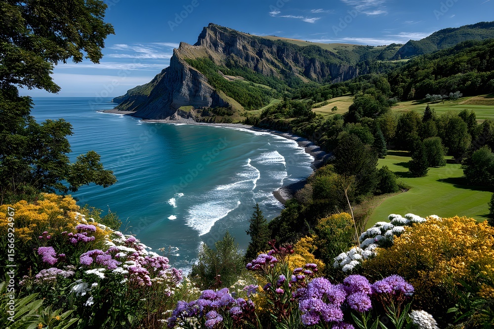 Naklejka premium Blooming garden near dramatic coastal cliffs high resolution picture