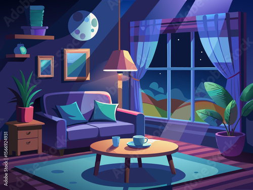 vector of Cozy living room with dim lights, a lampshade is next to the sofa on the table... it's dark outside the house and the moonlight is in the sky...