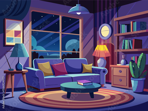 vector of Cozy living room with dim lights, a lampshade is next to the sofa on the table... it's dark outside the house and the moonlight is in the sky...