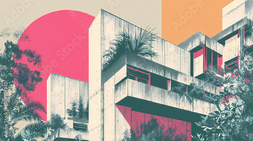 fractured iconography. | sharp edge masking | mid-century advertising | brutalist graphics | Graphic design poster in vintage risograph screen print style, featuring trendy architecture and bold