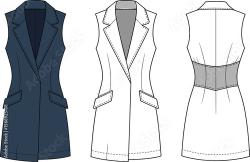 CAD drawing of sleeveless blazer vest, flat fashion illustration, front and back views, technical garment vector sketch, stylish clothing design