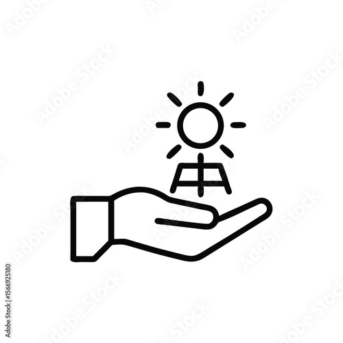Hand holding a sun symbol with rays a solar panel icon in outline on energy