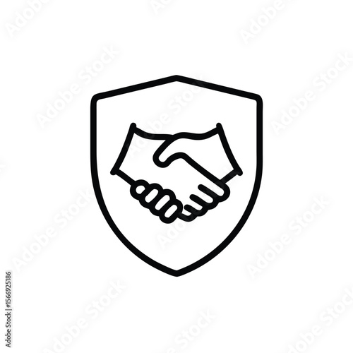 Line art handshake icon inside a shield shape on a agreement partnership