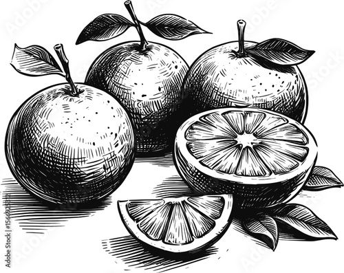 Tangerine Dreams Orange fruit vintage linework ink sketch hand drawn pen drawing summer vector illustration background