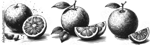 Fiery Radiance Orange fruit vintage linework ink sketch hand drawn pen drawing summer vector illustration background