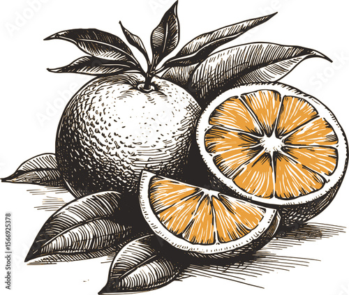 Golden Zest Orange fruit vintage linework ink sketch hand drawn pen drawing summer vector illustration background