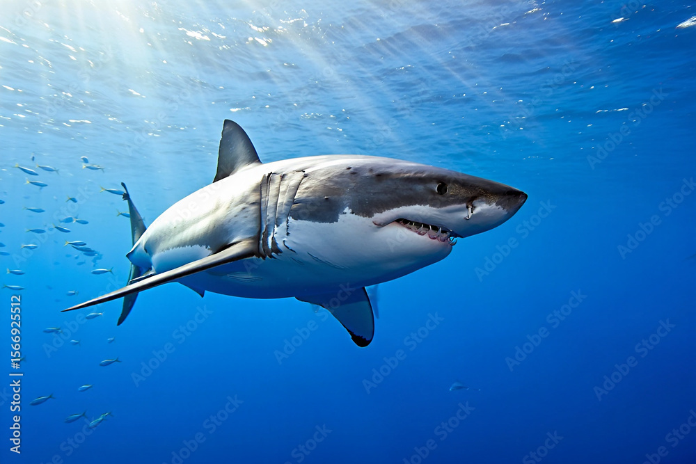 Fototapeta premium Great white shark glides through clear blue ocean surrounded by small fish, with sunlight streaming from the surface above.