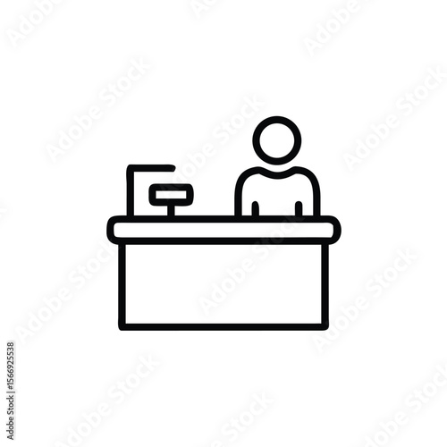 Line art a person behind a desk with a cash register on a counter