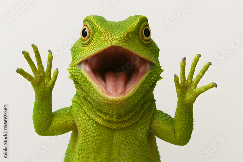 Green Lizard Standing with Raised Paws and Open Mouth Screaming in Shock on White Background for Humorous Animal Portraits