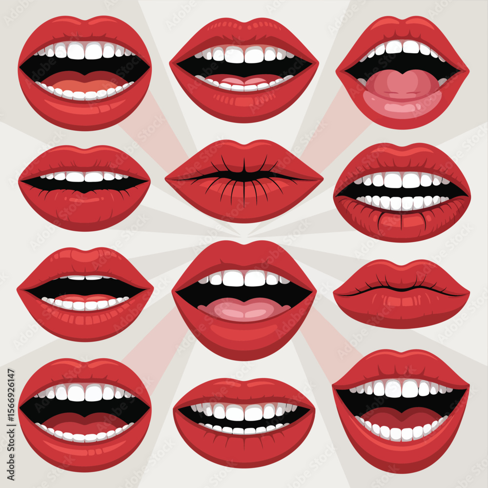 Fototapeta premium Collection of diverse red lips showing different expressions and teeth in a stylized illustration