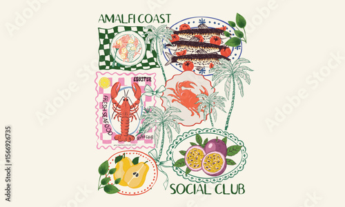 Beach sea food artwork for t shirt print, poster, sticker and other uses. Palm tree with food artwork.