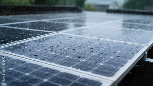 Close-up view of solar panels covered in water droplets during a rain shower.