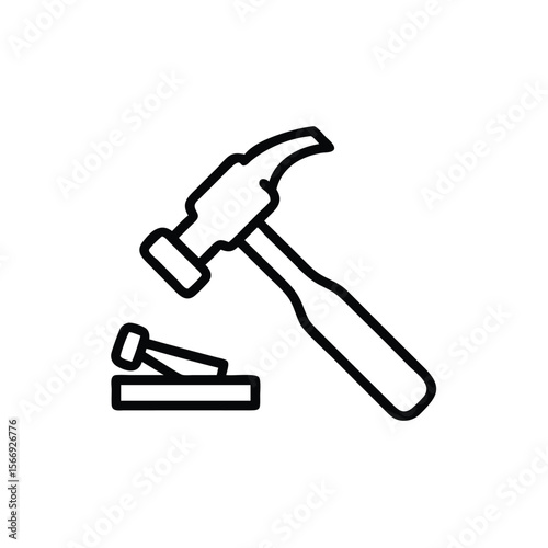 Line art hammer hitting nail on wood block construction symbol vector