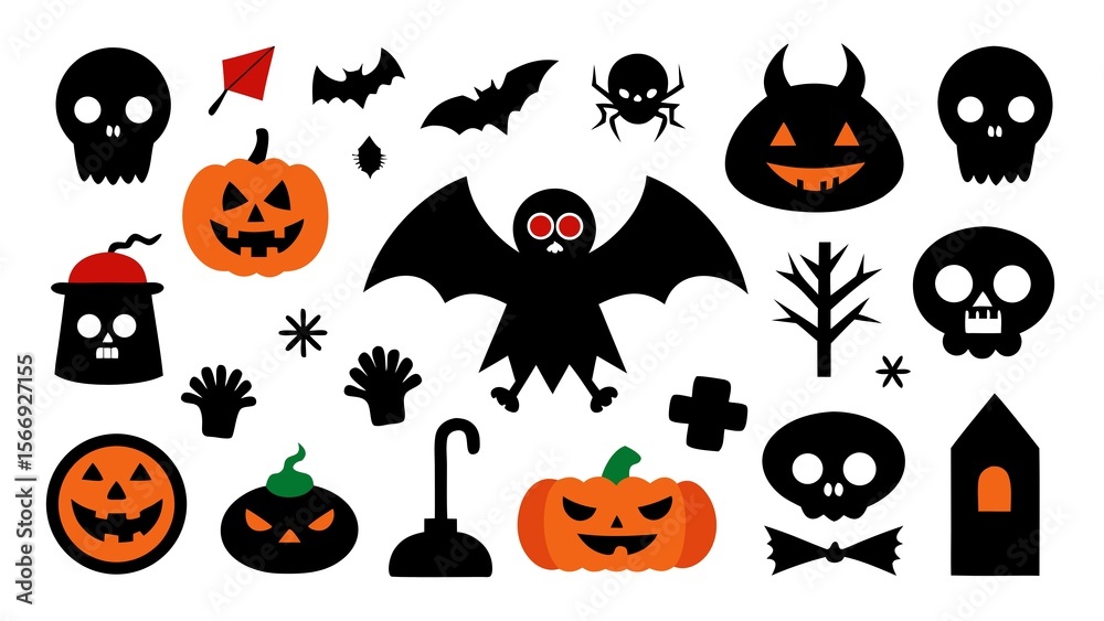 Photo of halloween silhouettes with pumpkins, bats, and skulls isolated on white background Photo of halloween silhouettes with pumpkins, bats, and skulls isolated on white background