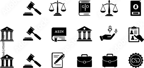 Law and Legal Icons Set. Vector Black and White Illustration.